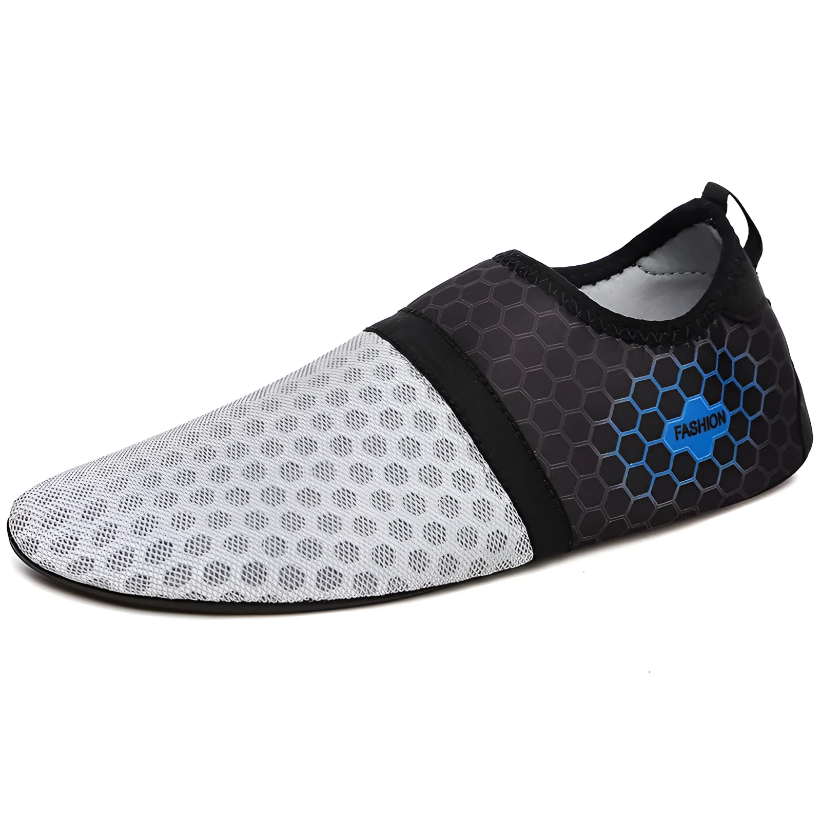 Unisex mesh beach shoes in blue with rubber sole, flat heel, and round toe