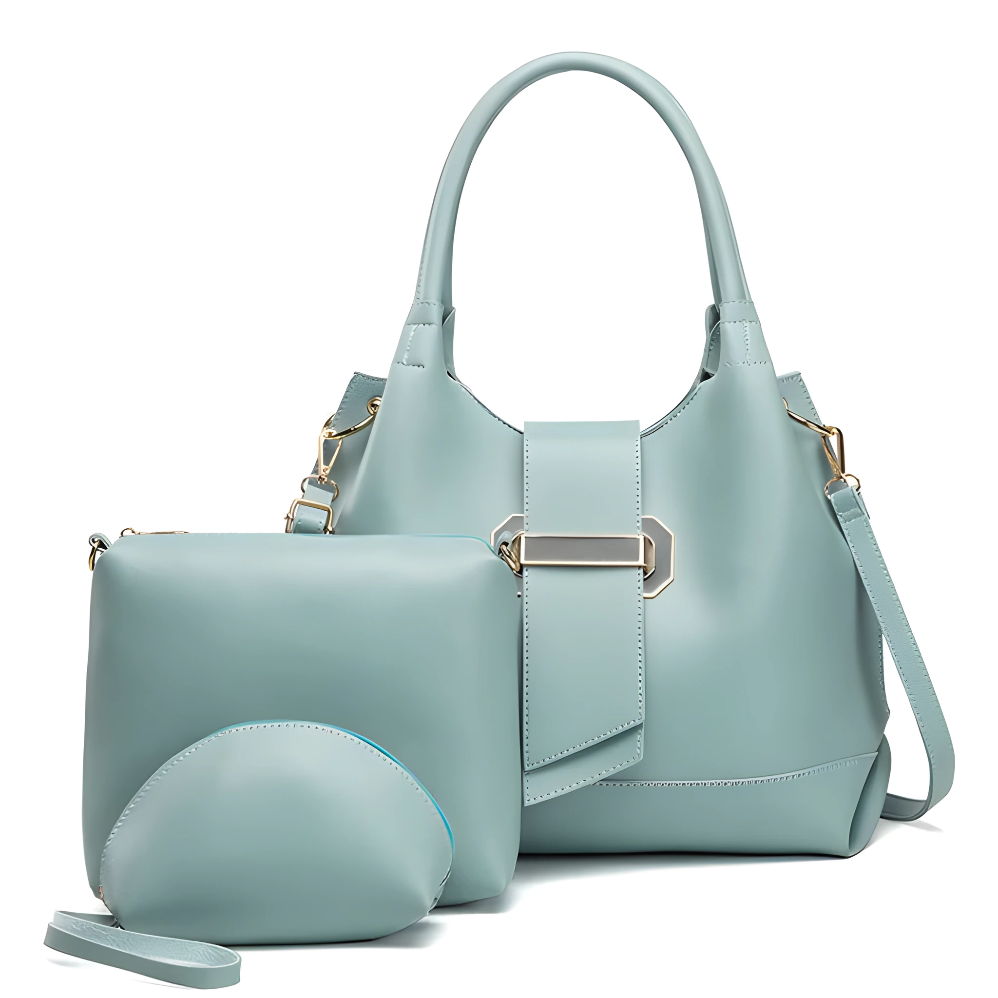 Three-piece PU leather handbag set in six colours including apricot black dark brown lake blue mud grey red