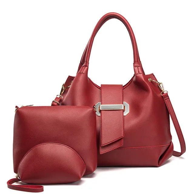 Three-piece PU leather handbag set in six colours including apricot black dark brown lake blue mud grey red