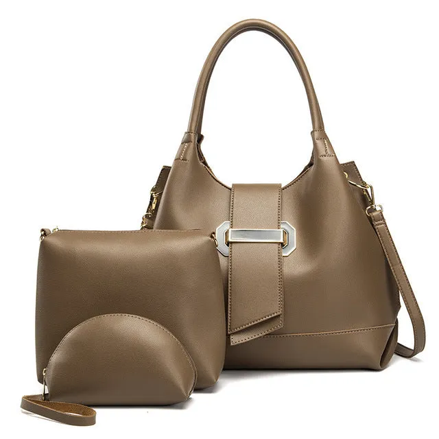 Three-piece PU leather handbag set in six colours including apricot black dark brown lake blue mud grey red
