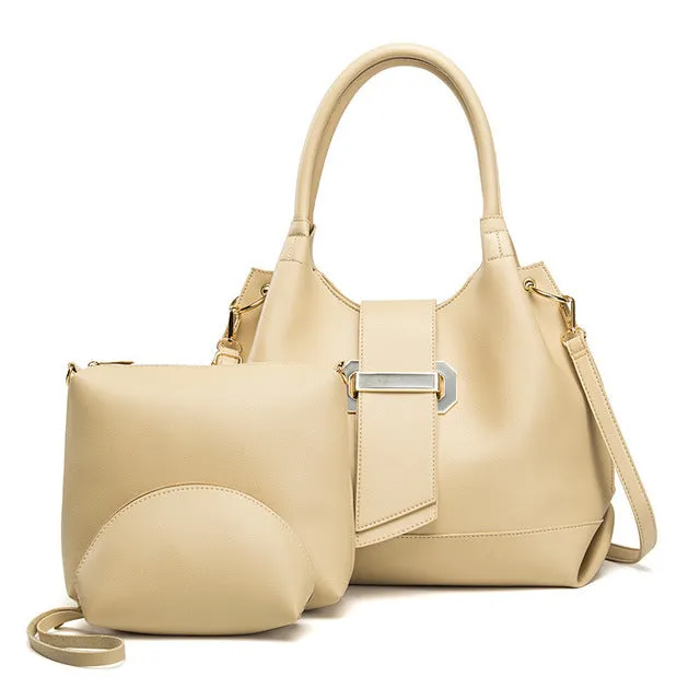 Three-piece PU leather handbag set in six colours including apricot black dark brown lake blue mud grey red