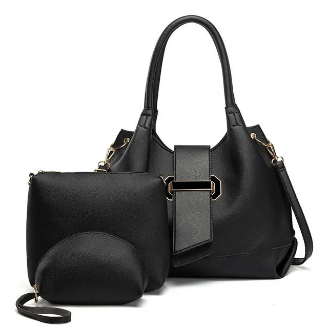 Three-piece PU leather handbag set in six colours including apricot black dark brown lake blue mud grey red
