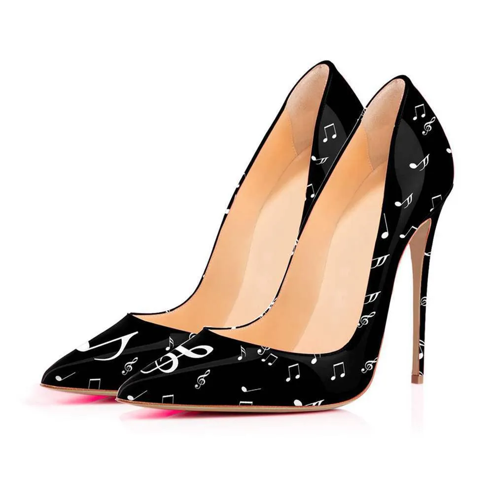 Women's high heels with graffiti pattern, super high heel above 8cm, black artificial PU upper
