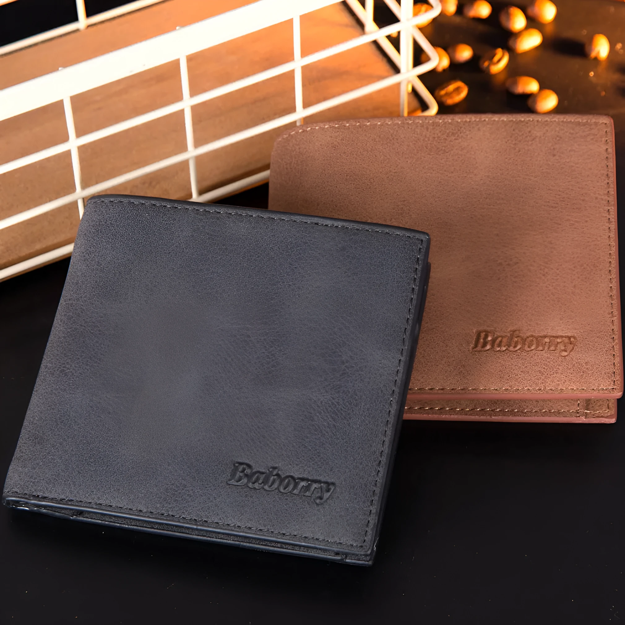 Fashion RFID mens wallet small mini wallet purse with zippered coin bag in black PU leather