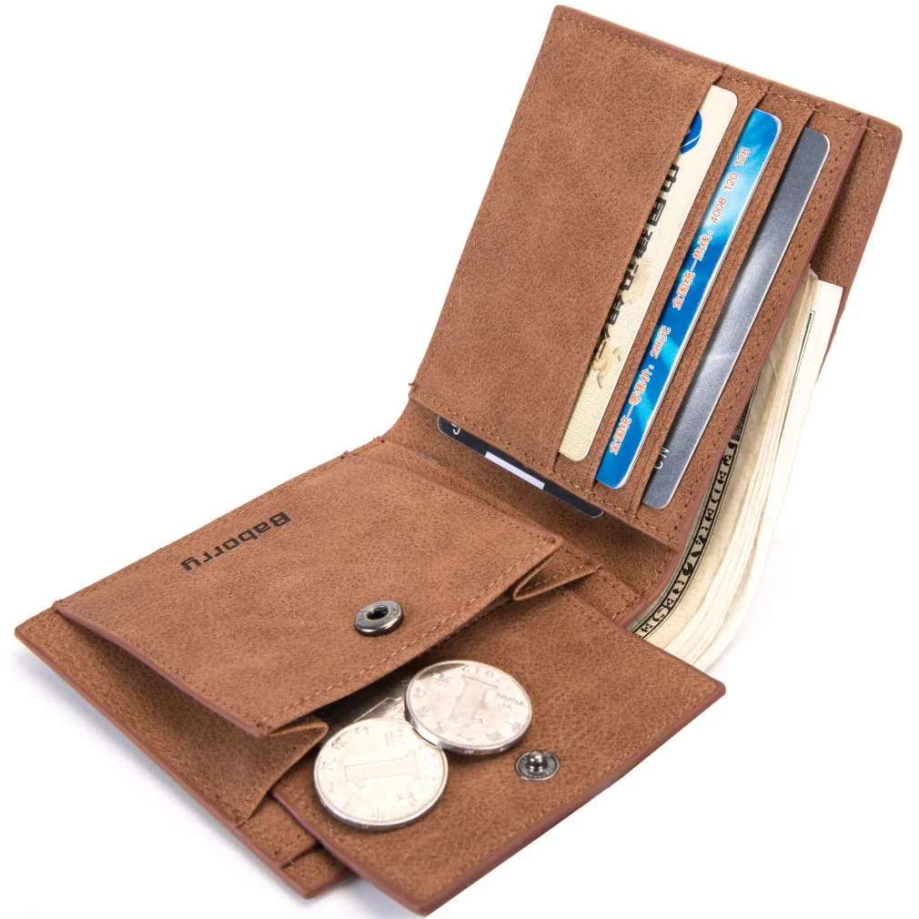 Fashion RFID mens wallet small mini wallet purse with zippered coin bag in black PU leather