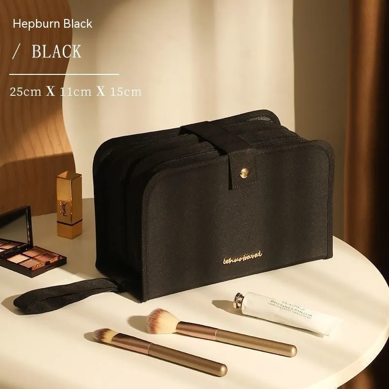 Large capacity leather book cosmetic bag in sunset yellow, open to show interior, with imitation leather finish.