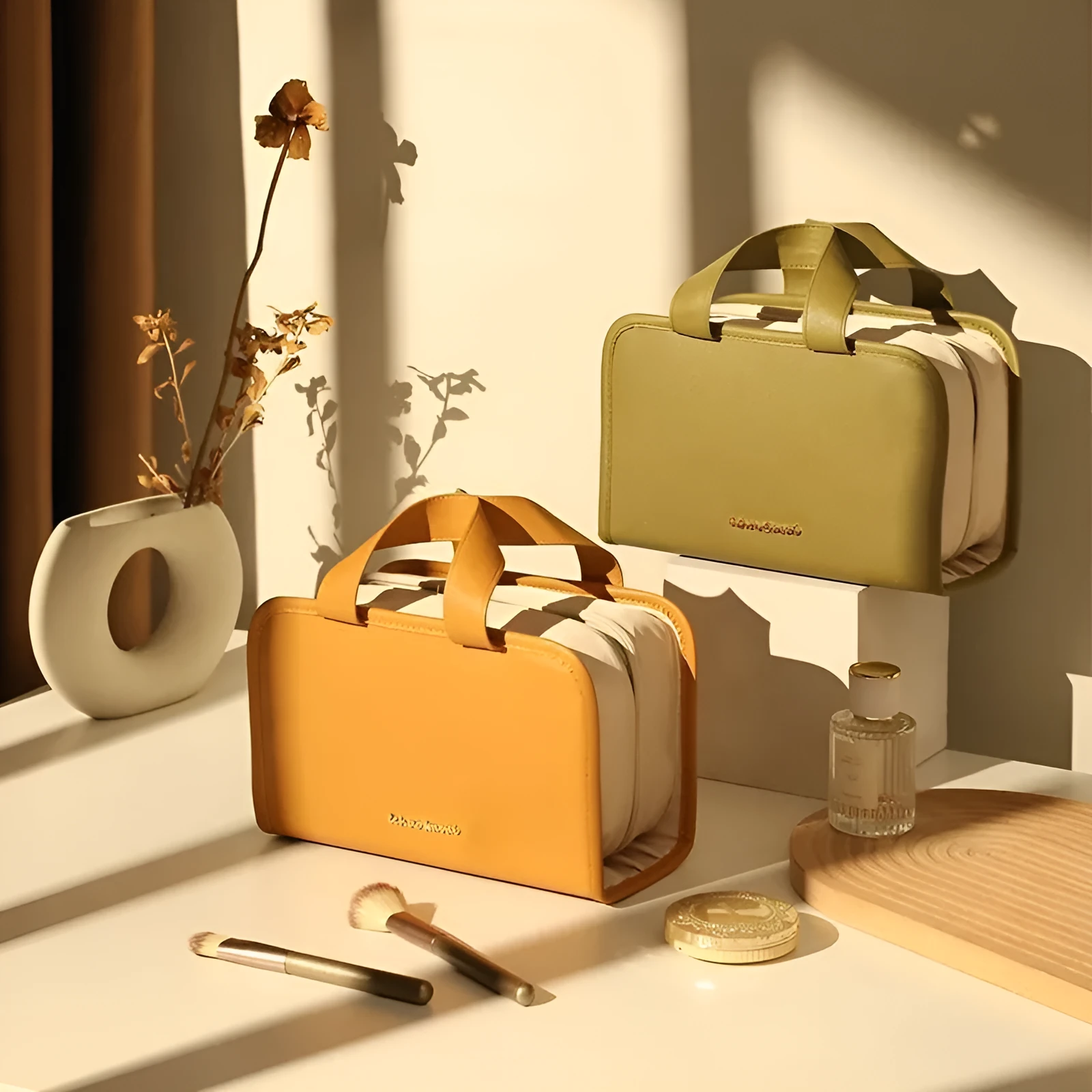 Large capacity leather book cosmetic bag in sunset yellow, open to show interior, with imitation leather finish.