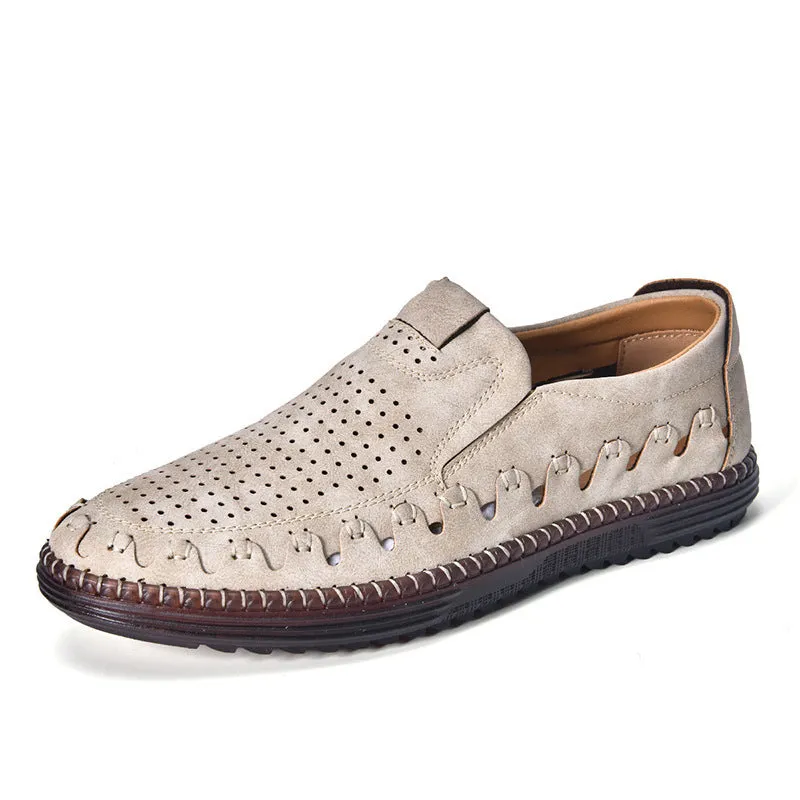 Men's brown handmade leather slip-on casual shoes with flat heel and round toe.