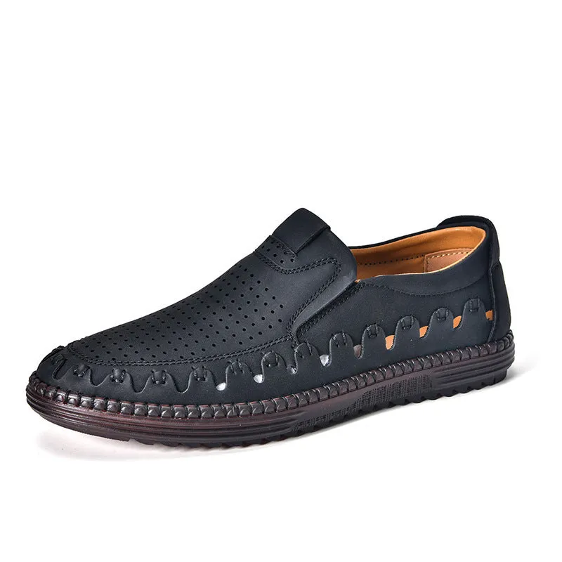 Men's brown handmade leather slip-on casual shoes with flat heel and round toe.