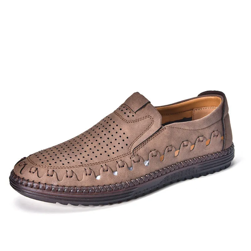 Men's brown handmade leather slip-on casual shoes with flat heel and round toe.