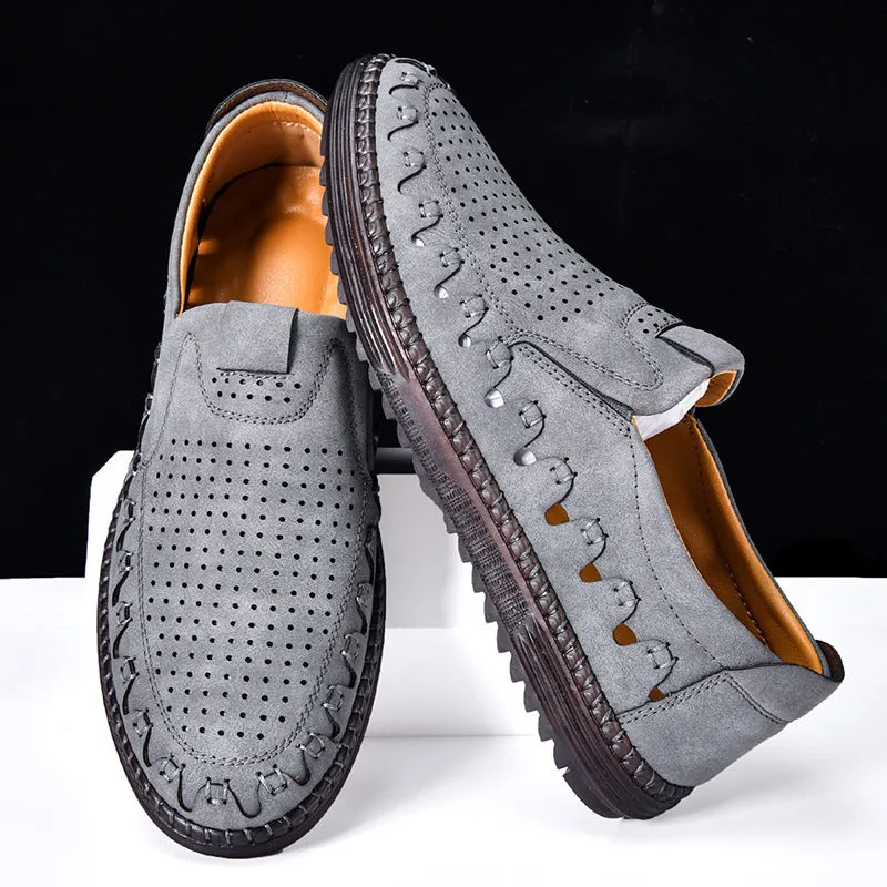 Men's brown handmade leather slip-on casual shoes with flat heel and round toe.