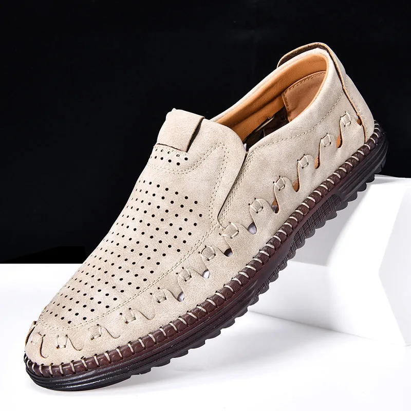 Men's brown handmade leather slip-on casual shoes with flat heel and round toe.