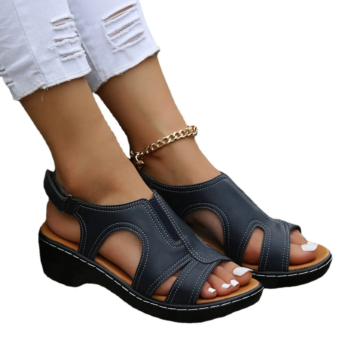 Women's Velcro cutout chunky sole open toe sandals in Roman style, black colour, PU upper and rubber sole
