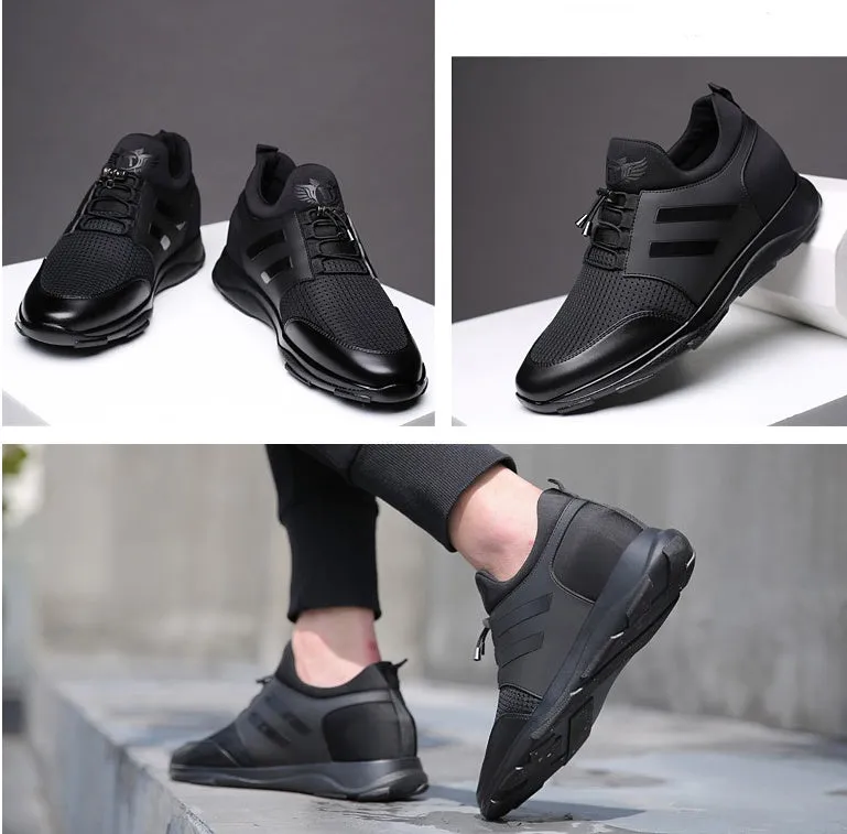 Autumn men's breathable sports shoes in black with hollow design and high-top cow split leather upper
