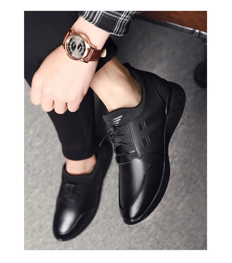 Autumn men's breathable sports shoes in black with hollow design and high-top cow split leather upper