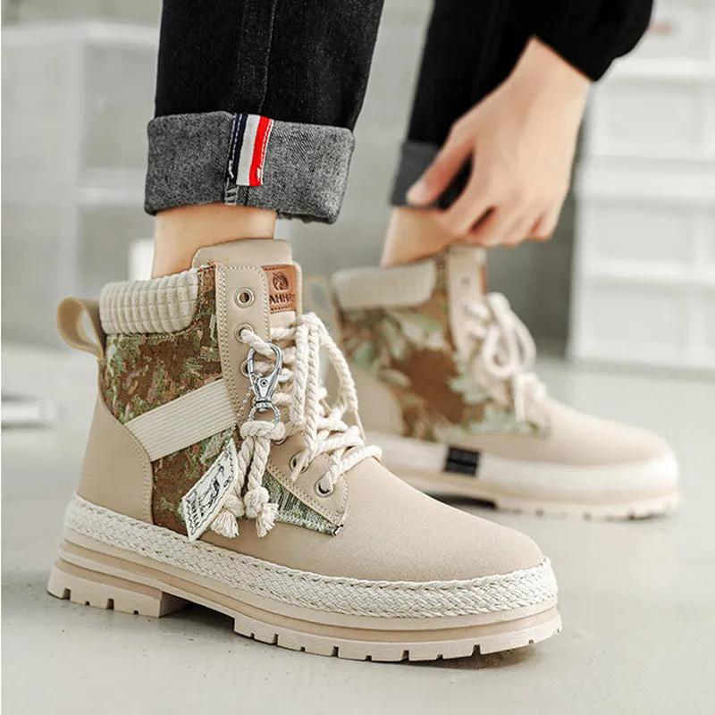 Men's high-top print boots in beige with lace-up front, chunky heel, stitching details, and leather and fabric upper