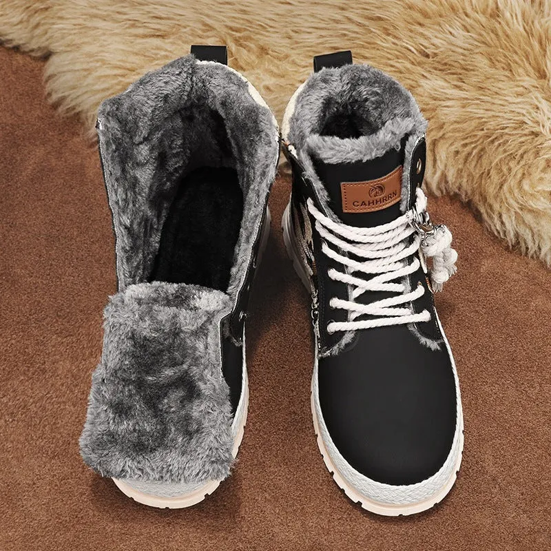 Men's high-top print boots in beige with lace-up front, chunky heel, stitching details, and leather and fabric upper