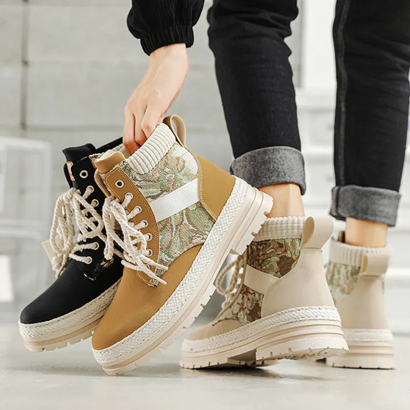 Men's high-top print boots in beige with lace-up front, chunky heel, stitching details, and leather and fabric upper