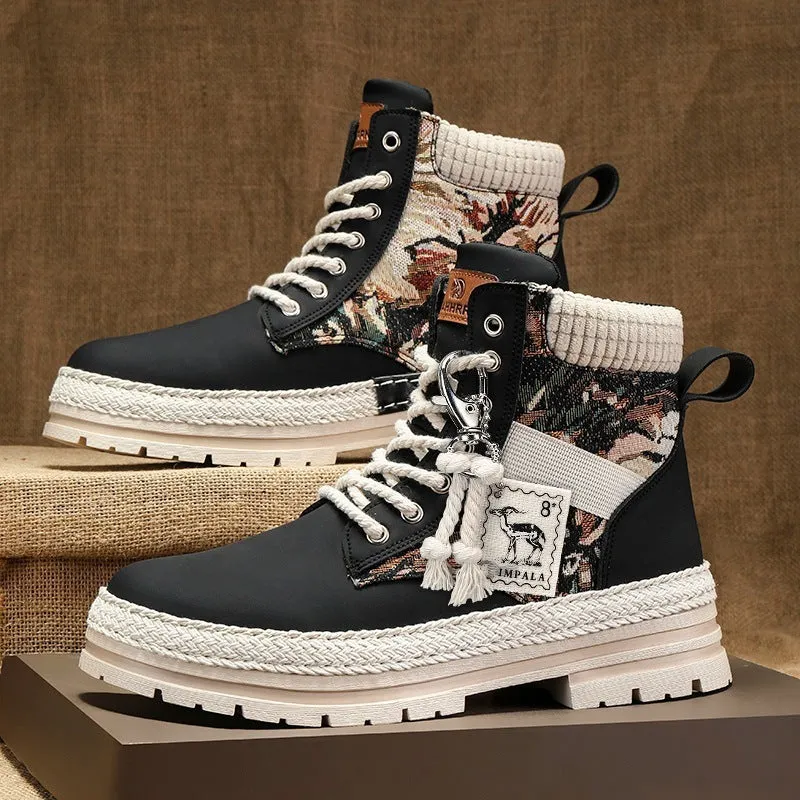 Men's high-top print boots in beige with lace-up front, chunky heel, stitching details, and leather and fabric upper