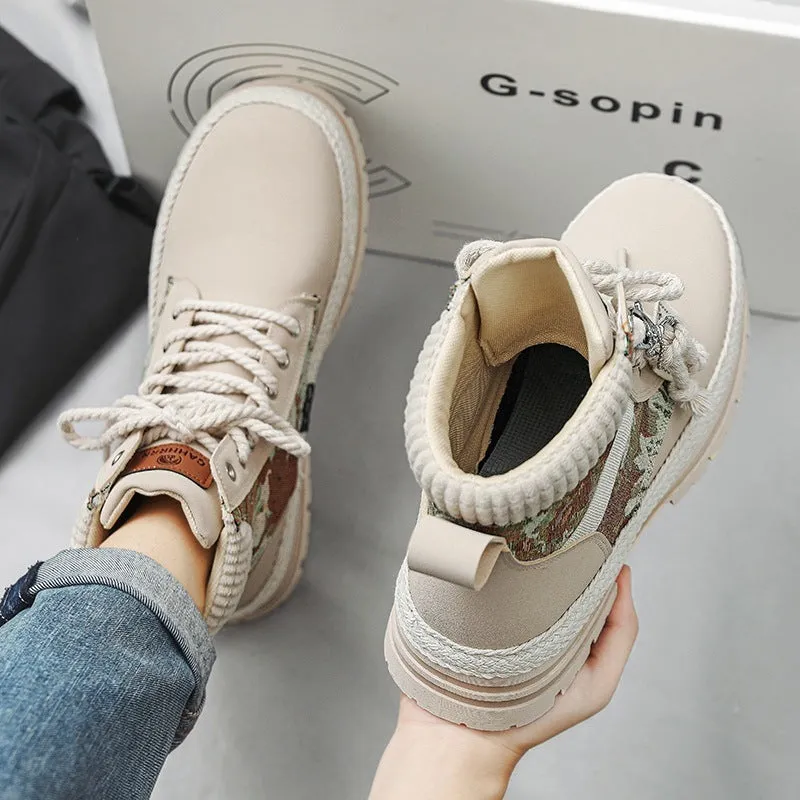 Men's high-top print boots in beige with lace-up front, chunky heel, stitching details, and leather and fabric upper