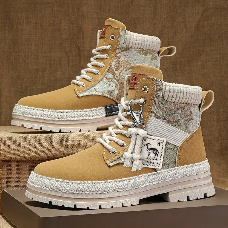 Men's high-top print boots in beige with lace-up front, chunky heel, stitching details, and leather and fabric upper