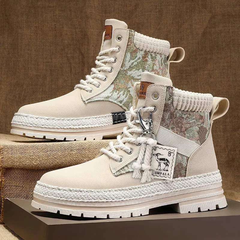 Men's high-top print boots in beige with lace-up front, chunky heel, stitching details, and leather and fabric upper