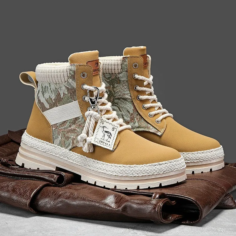 Men's high-top print boots in beige with lace-up front, chunky heel, stitching details, and leather and fabric upper