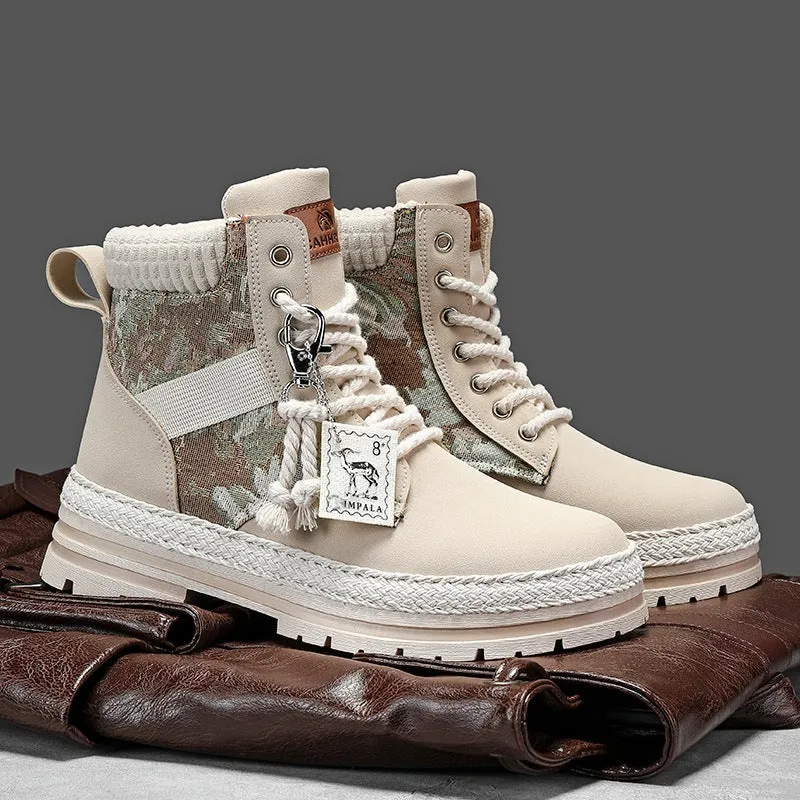 Men's high-top print boots in beige with lace-up front, chunky heel, stitching details, and leather and fabric upper