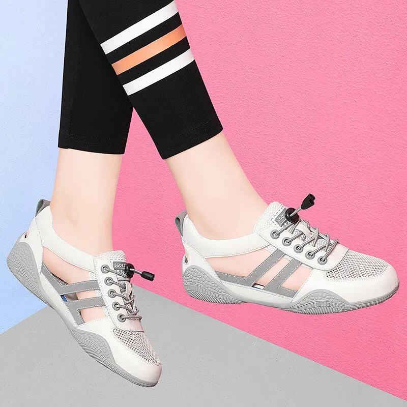Women's casual lace-up round toe mid heel summer shoes with mesh upper and cross straps in white and grey