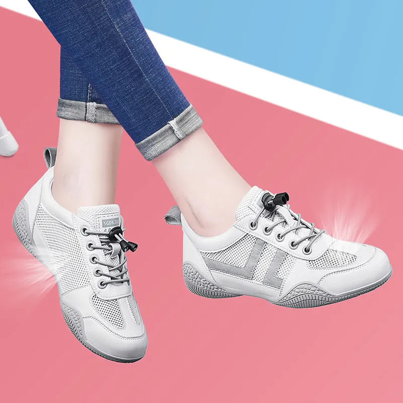 Women's casual lace-up round toe mid heel summer shoes with mesh upper and cross straps in white and grey