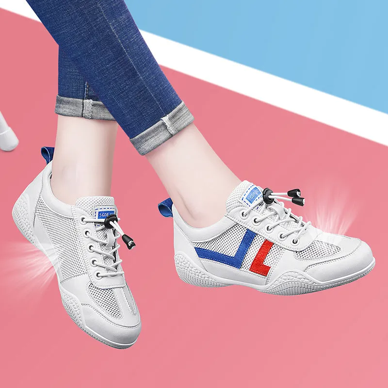 Women's casual lace-up round toe mid heel summer shoes with mesh upper and cross straps in white and grey