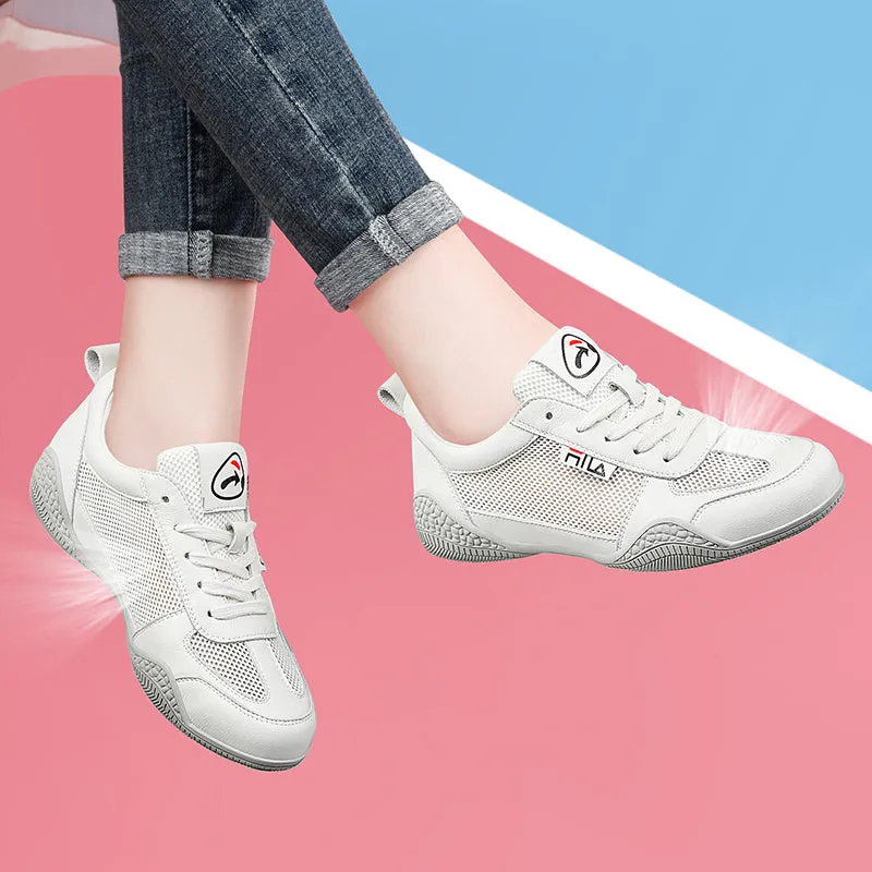 Women's casual lace-up round toe mid heel summer shoes with mesh upper and cross straps in white and grey