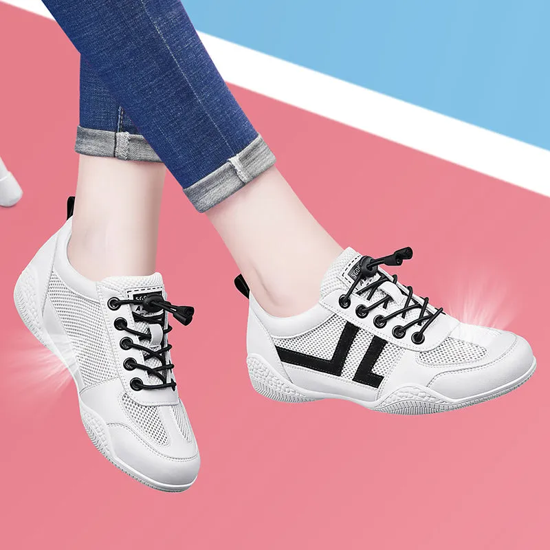 Women's casual lace-up round toe mid heel summer shoes with mesh upper and cross straps in white and grey