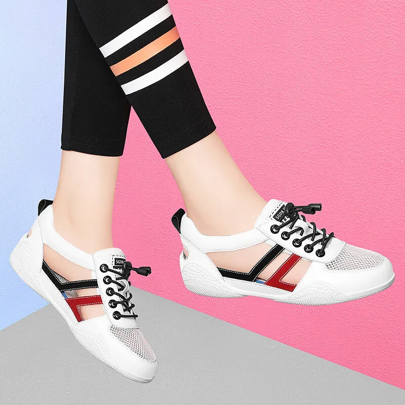 Women's casual lace-up round toe mid heel summer shoes with mesh upper and cross straps in white and grey