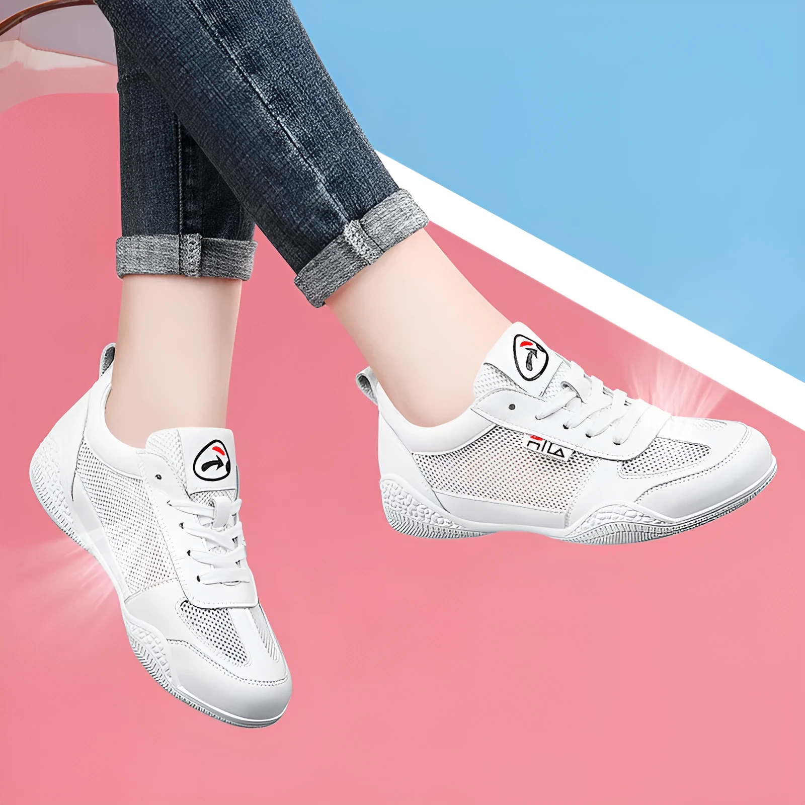 Women's casual lace-up round toe mid heel summer shoes with mesh upper and cross straps in white and grey