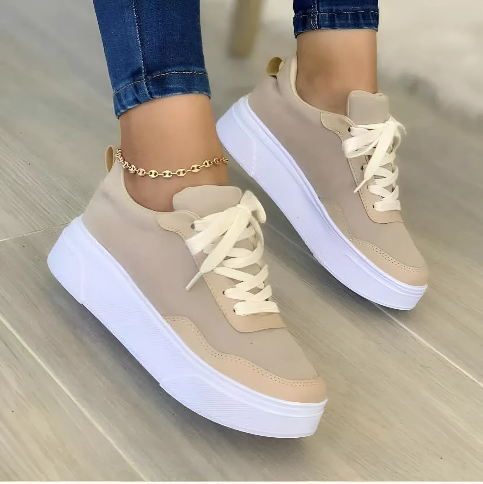 Women's casual lace-up flat sneakers in green with mesh upper and thick rubber sole