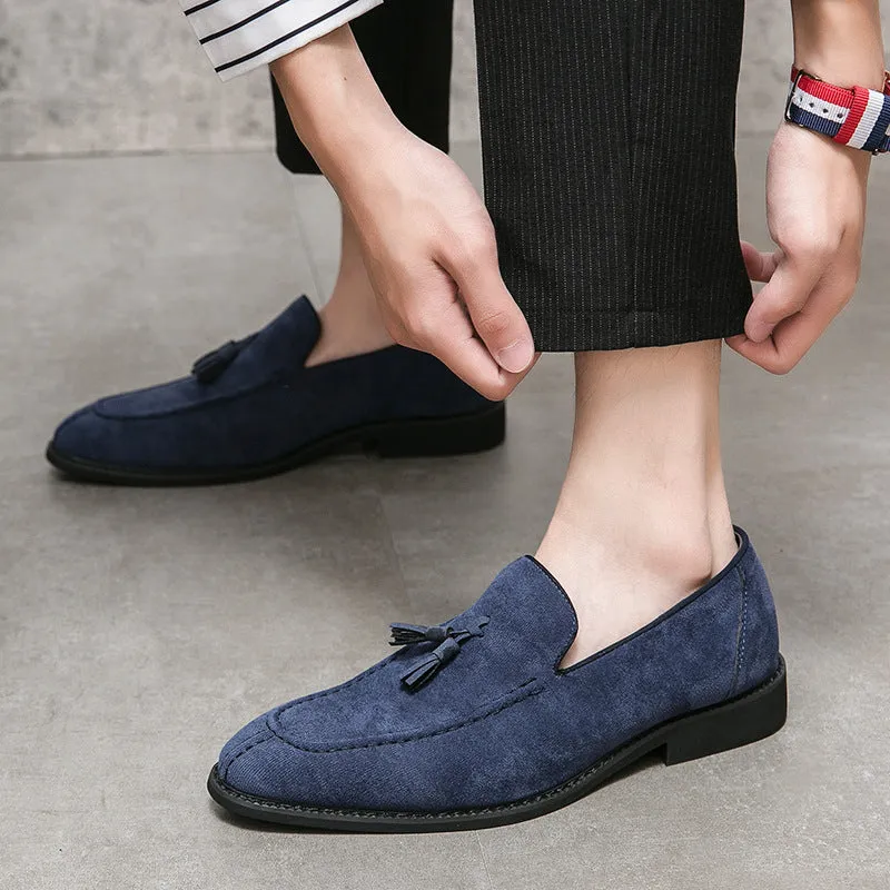 Men's suede matte fashion leather shoes in blue, flat heel low tube design with breathable and waterproof features