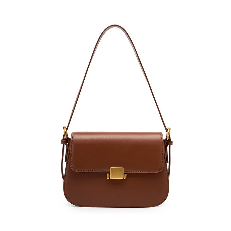Genuine leather women's crossbody bag with lock, European retro style, apricot colour, horizontal square shape