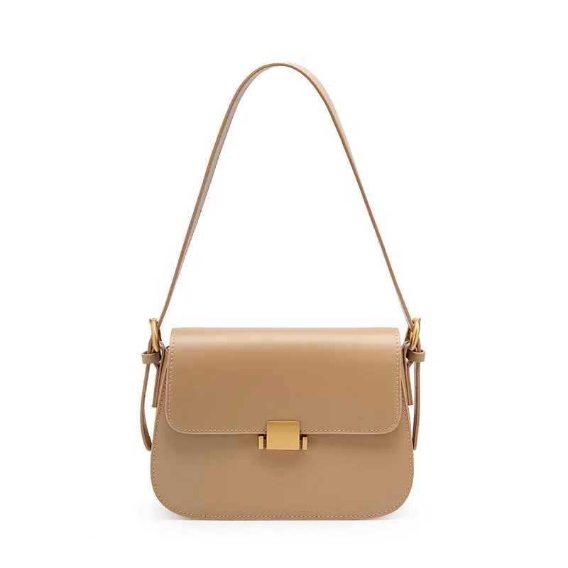 Genuine leather women's crossbody bag with lock, European retro style, apricot colour, horizontal square shape