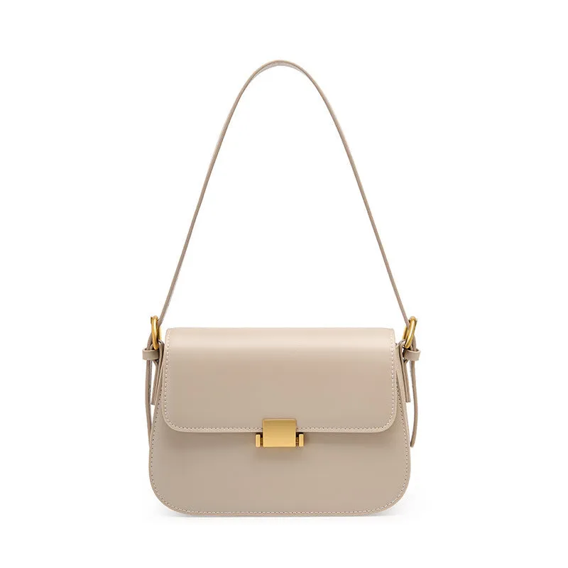 Genuine leather women's crossbody bag with lock, European retro style, apricot colour, horizontal square shape