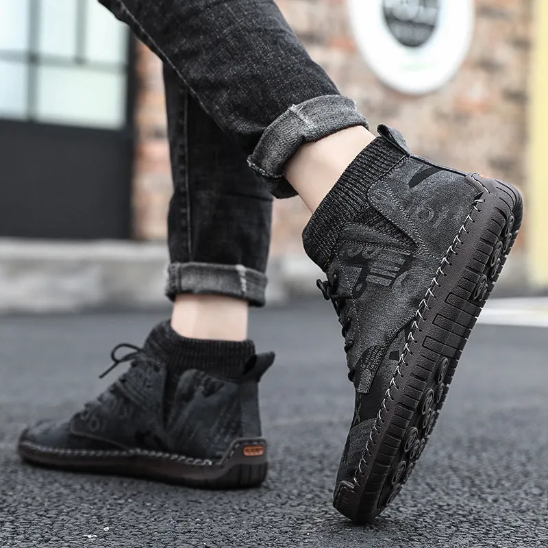 Pair of men's black socks high-top shoes with hand-painted cloth upper and rubber sole for casual winter wear