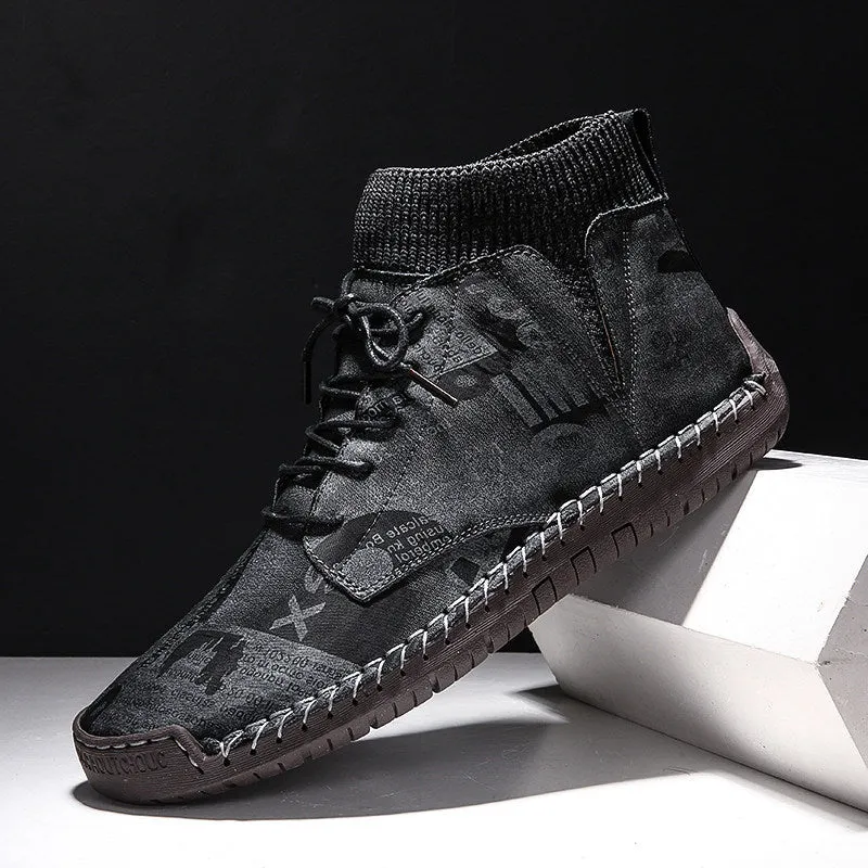 Pair of men's black socks high-top shoes with hand-painted cloth upper and rubber sole for casual winter wear