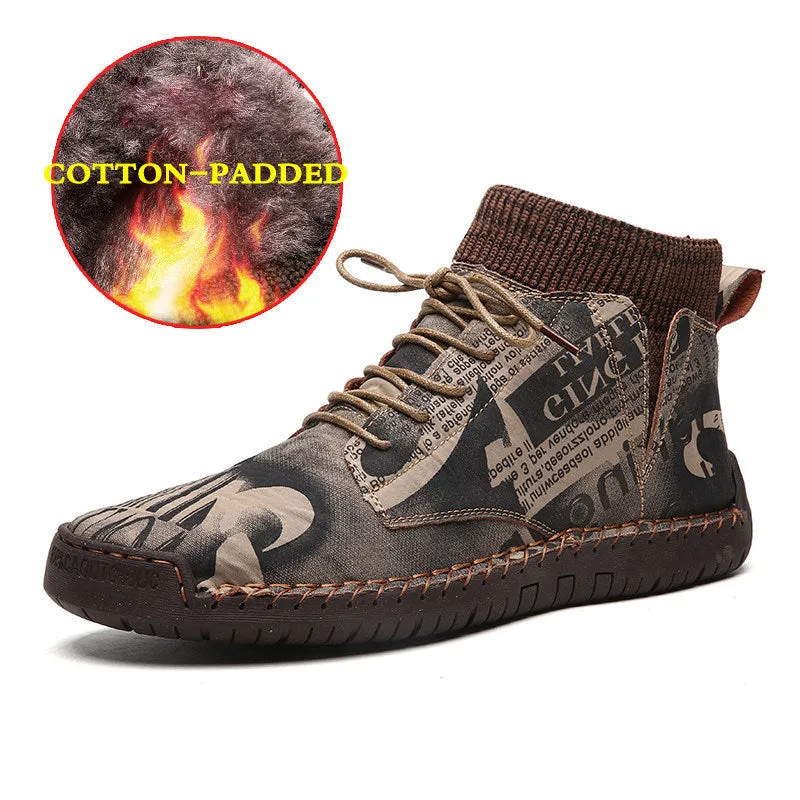 Pair of men's black socks high-top shoes with hand-painted cloth upper and rubber sole for casual winter wear