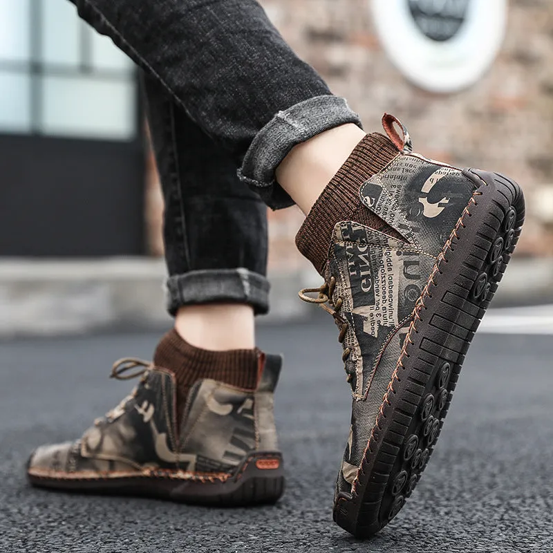Pair of men's black socks high-top shoes with hand-painted cloth upper and rubber sole for casual winter wear