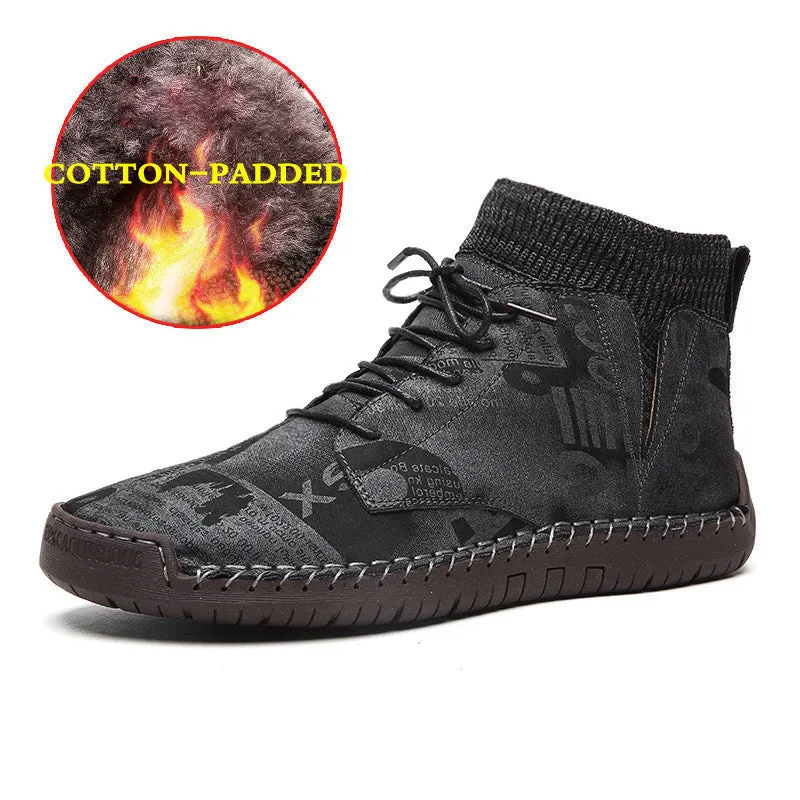 Pair of men's black socks high-top shoes with hand-painted cloth upper and rubber sole for casual winter wear
