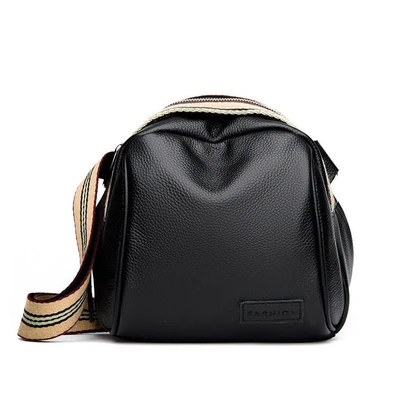 Genuine cowhide saddle bag for women, small square shape, black leather, car-suture detail, detachable handle