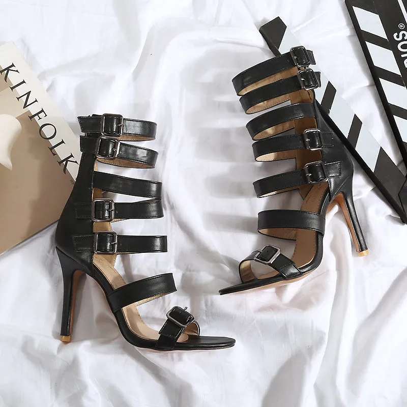 British high tube high heel sandals for women with belt buckle, Black colour