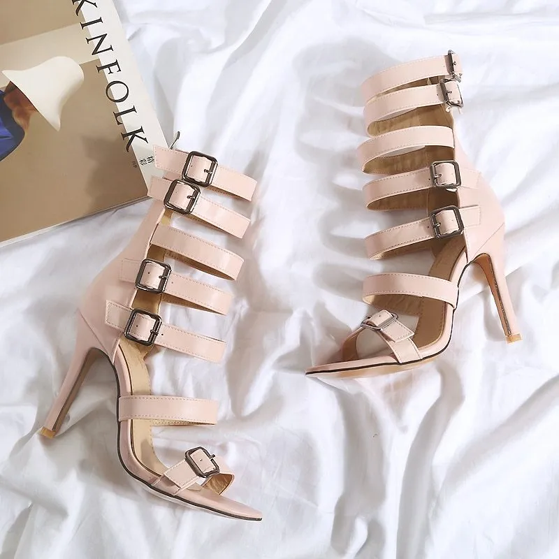 British high tube high heel sandals for women with belt buckle, Black colour