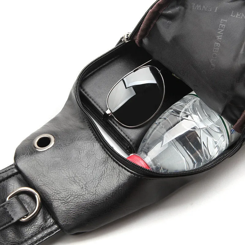 Tide Men's PU leather chest single shoulder bag, small square shape, zippered, with adjustable strap