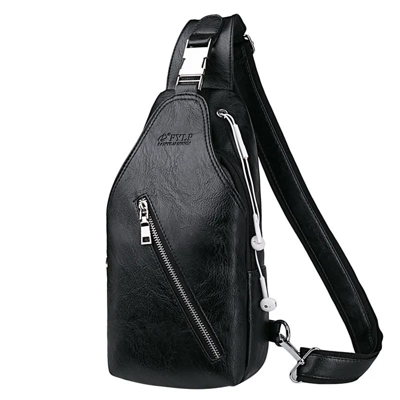 Tide Men's PU leather chest single shoulder bag, small square shape, zippered, with adjustable strap